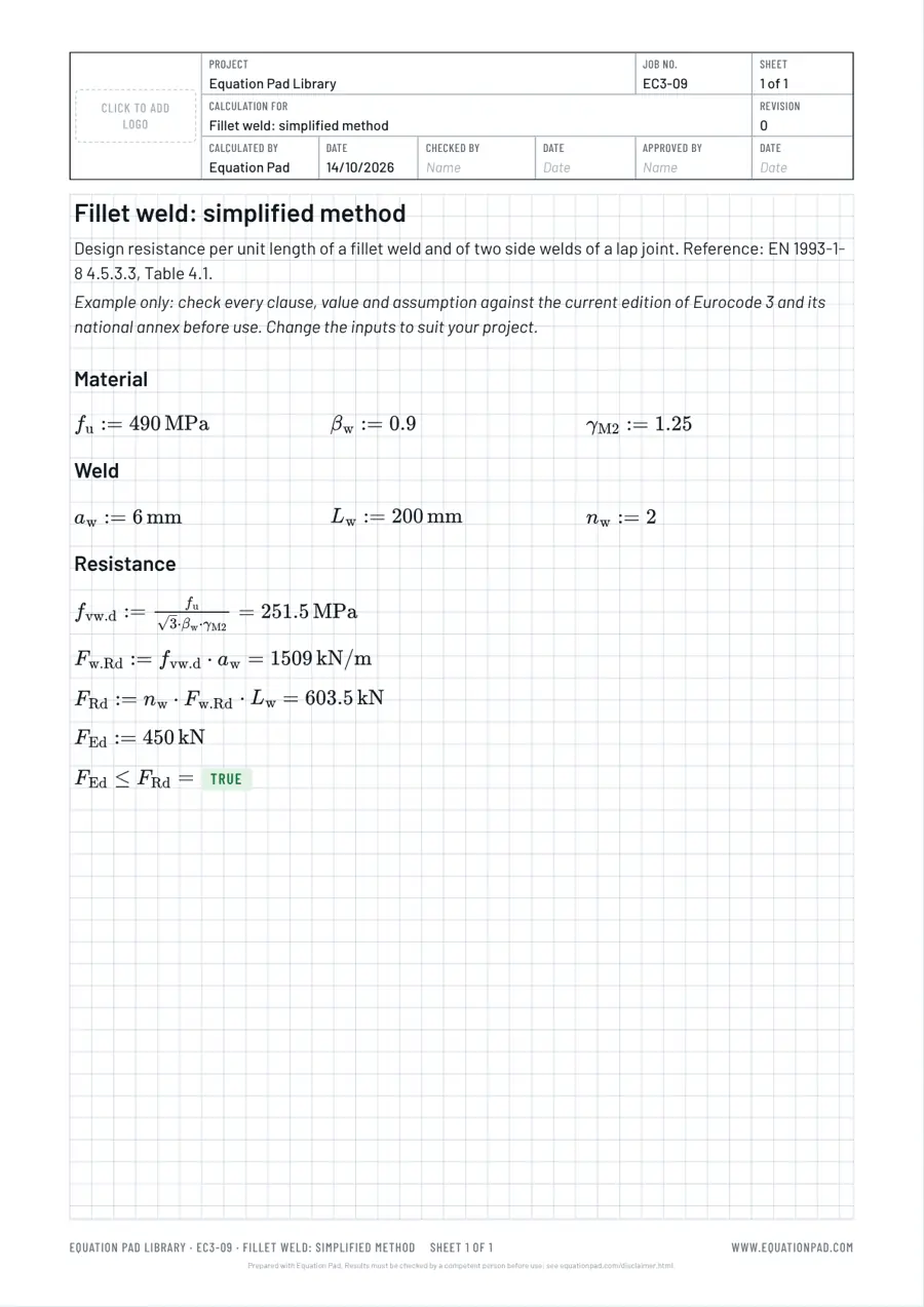 Fillet weld: simplified method: worked example sheet in Equation Pad with typeset equations and results.