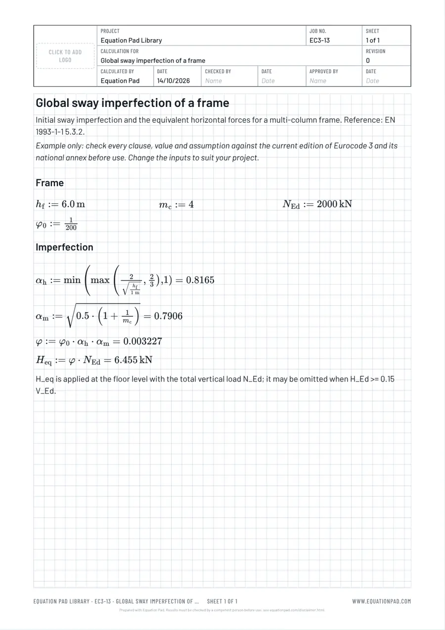 Global sway imperfection of a frame: worked example sheet in Equation Pad with typeset equations and results.