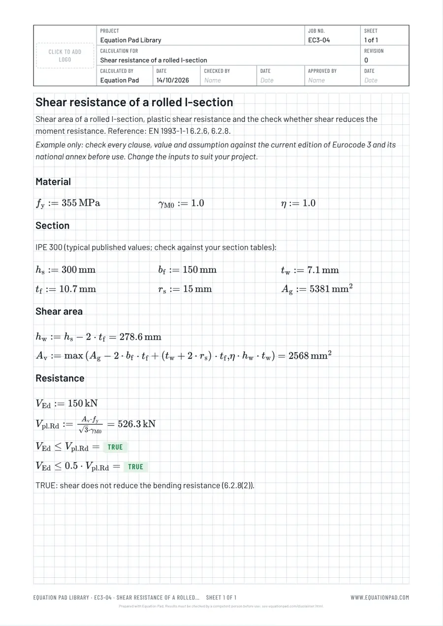 Shear resistance of a rolled I-section: worked example sheet in Equation Pad with typeset equations and results.