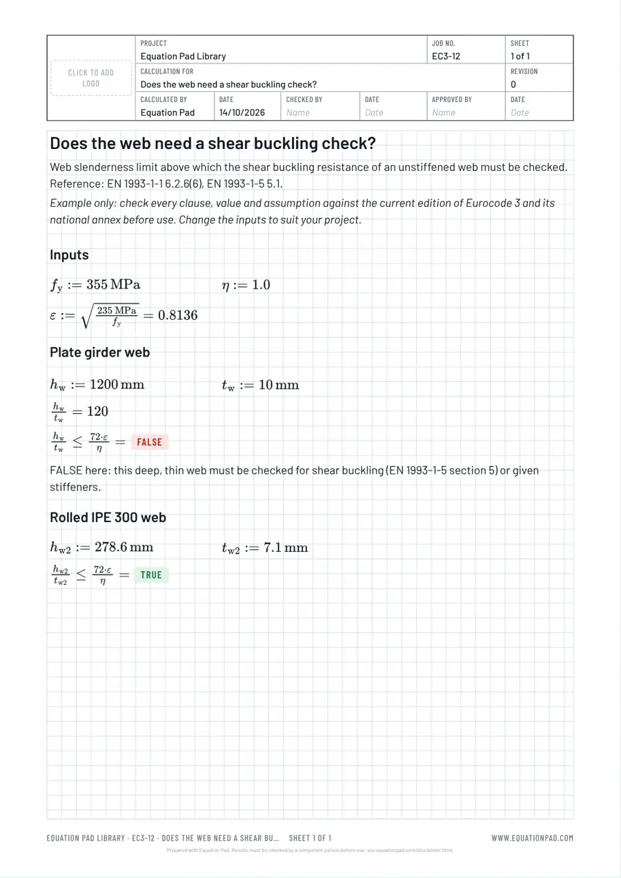 Does the web need a shear buckling check?: worked example sheet in Equation Pad with typeset equations and results.