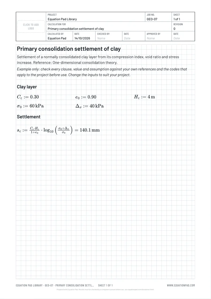Primary consolidation settlement of clay: worked example sheet in Equation Pad with typeset equations and results.