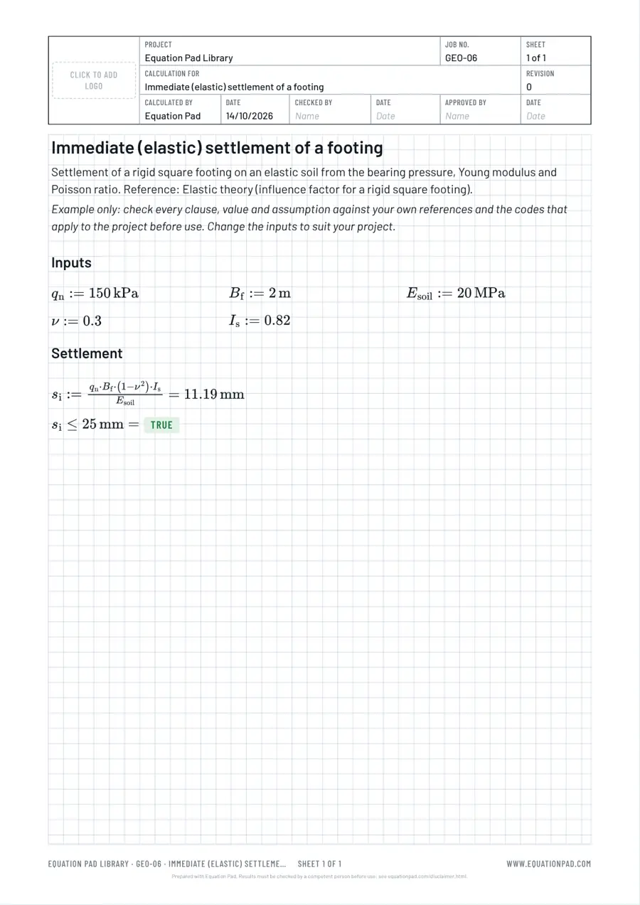 Immediate (elastic) settlement of a footing: worked example sheet in Equation Pad with typeset equations and results.