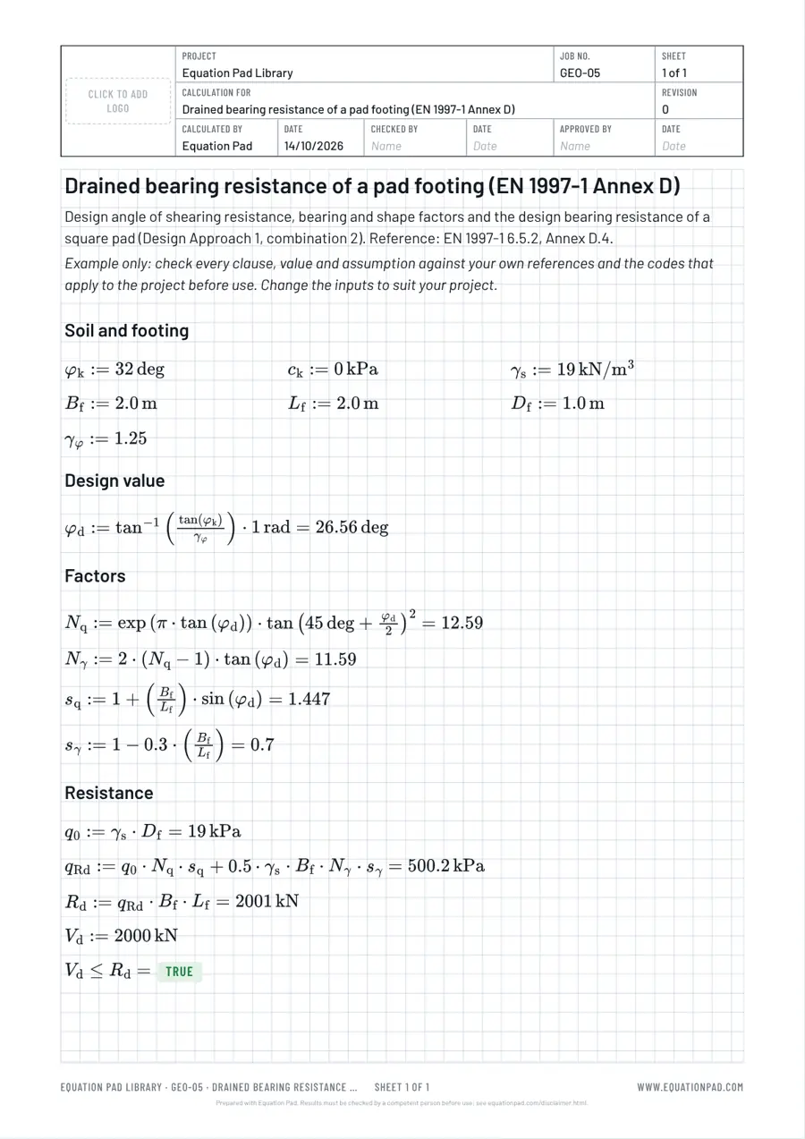 Drained bearing resistance of a pad footing (EN 1997-1 Annex D): worked example sheet in Equation Pad with typeset equations and results.