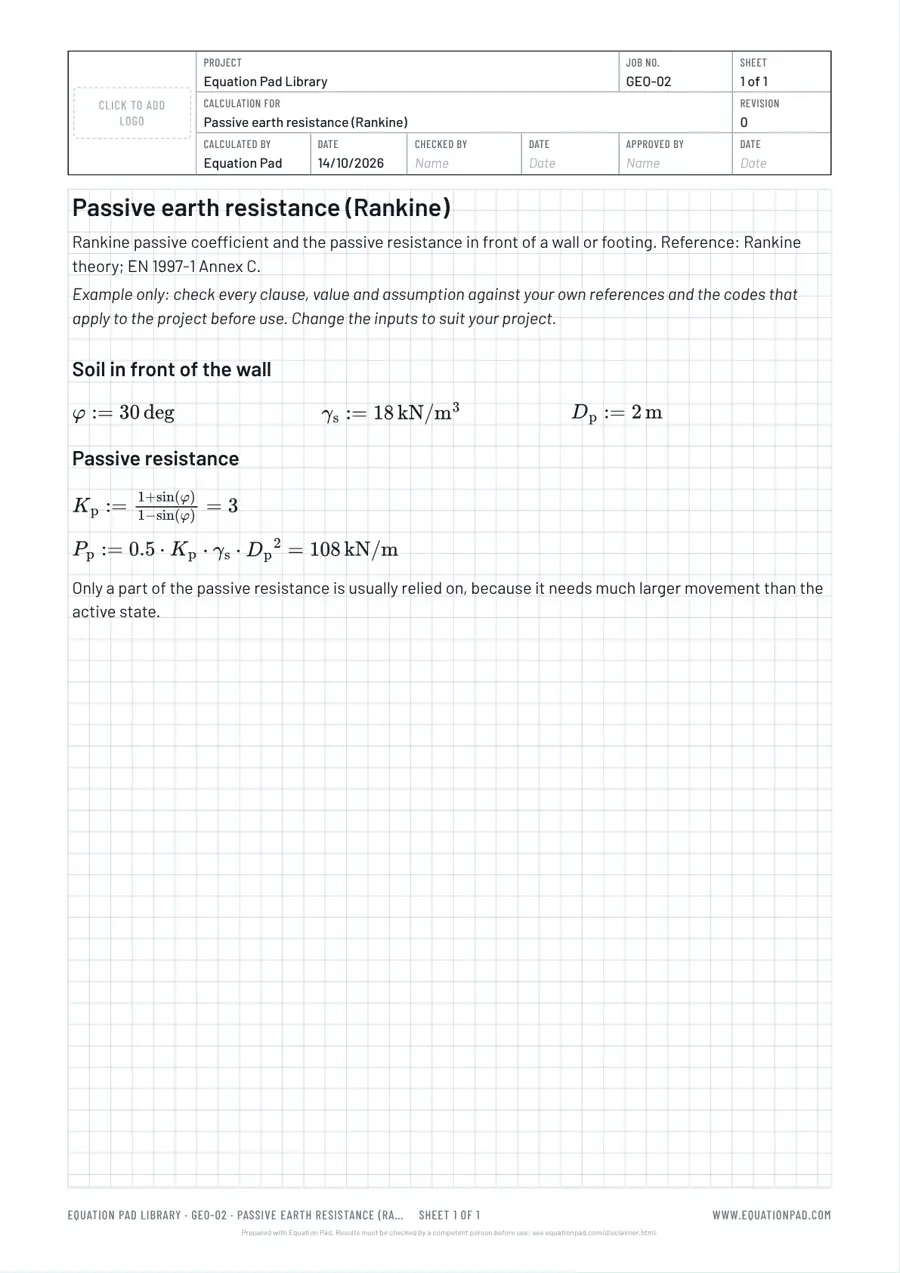 Passive earth resistance (Rankine): worked example sheet in Equation Pad with typeset equations and results.