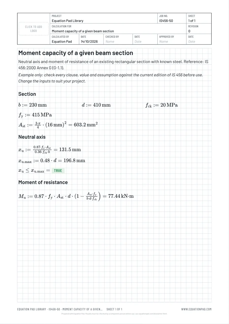 Moment capacity of a given beam section: worked example sheet in Equation Pad with typeset equations and results.