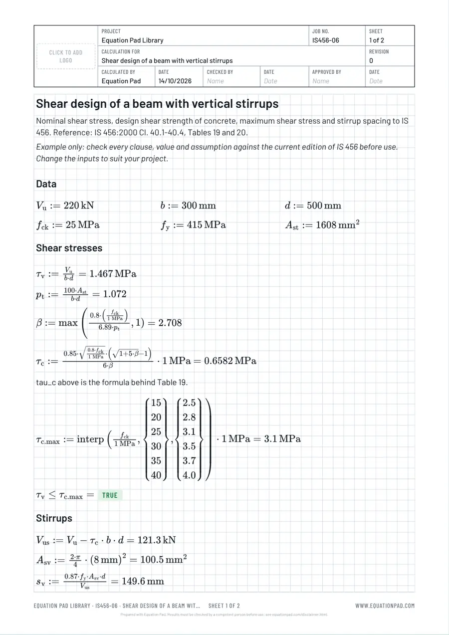 Shear design of a beam with vertical stirrups: worked example sheet in Equation Pad with typeset equations and results.