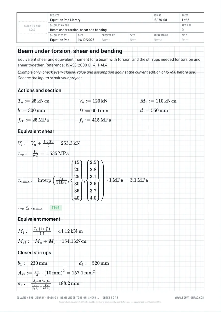 Beam under torsion, shear and bending: worked example sheet in Equation Pad with typeset equations and results.