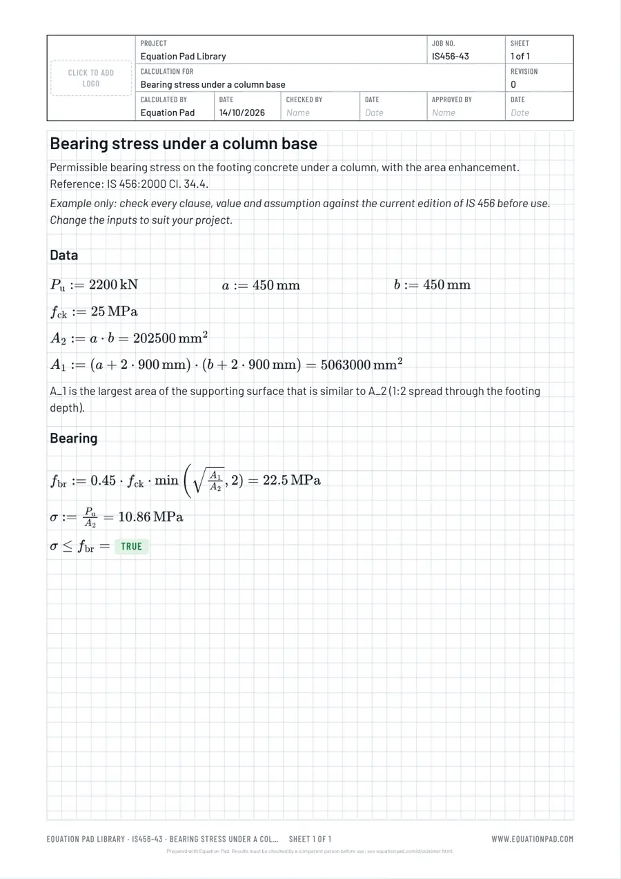 Bearing stress under a column base: worked example sheet in Equation Pad with typeset equations and results.