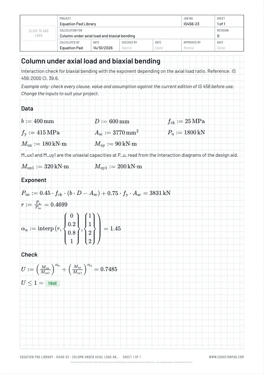Column under axial load and biaxial bending: worked example sheet in Equation Pad with typeset equations and results.