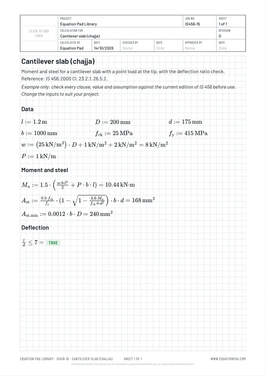 Cantilever slab (chajja): worked example sheet in Equation Pad with typeset equations and results.