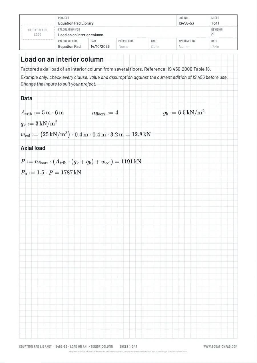 Load on an interior column: worked example sheet in Equation Pad with typeset equations and results.