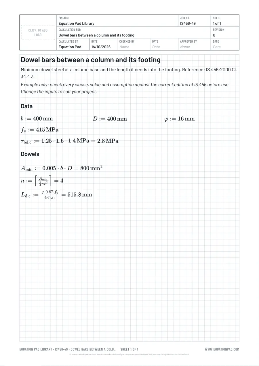 Dowel bars between a column and its footing: worked example sheet in Equation Pad with typeset equations and results.