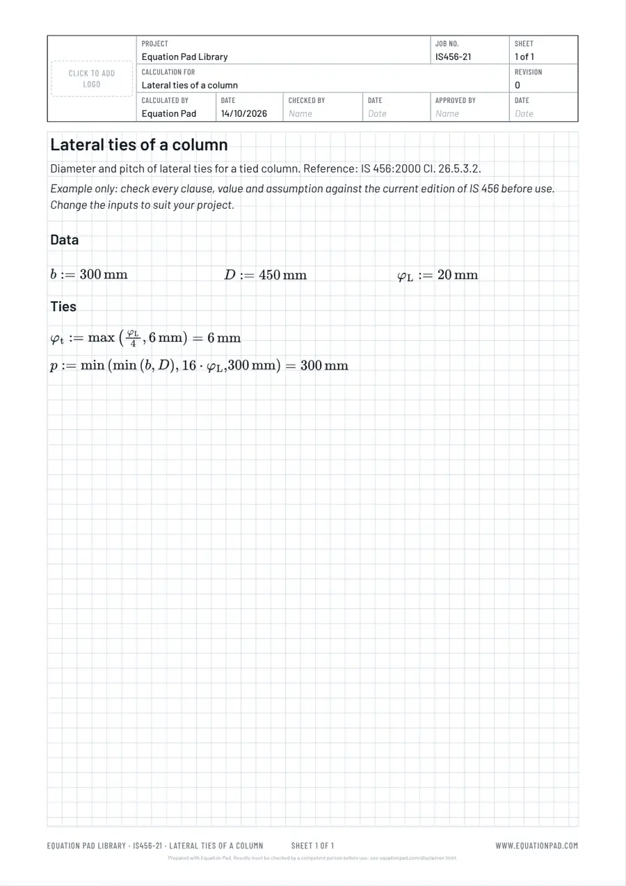 Lateral ties of a column: worked example sheet in Equation Pad with typeset equations and results.