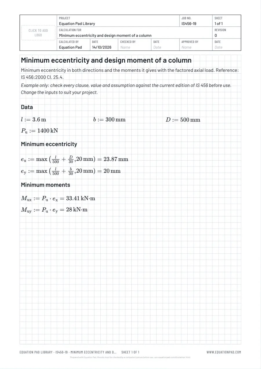 Minimum eccentricity and design moment of a column: worked example sheet in Equation Pad with typeset equations and results.