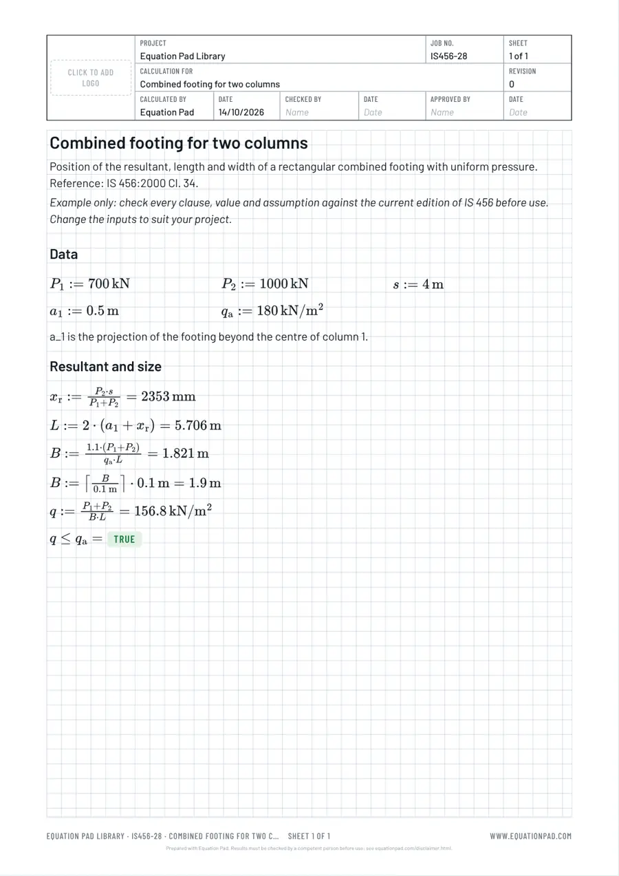 Combined footing for two columns: worked example sheet in Equation Pad with typeset equations and results.