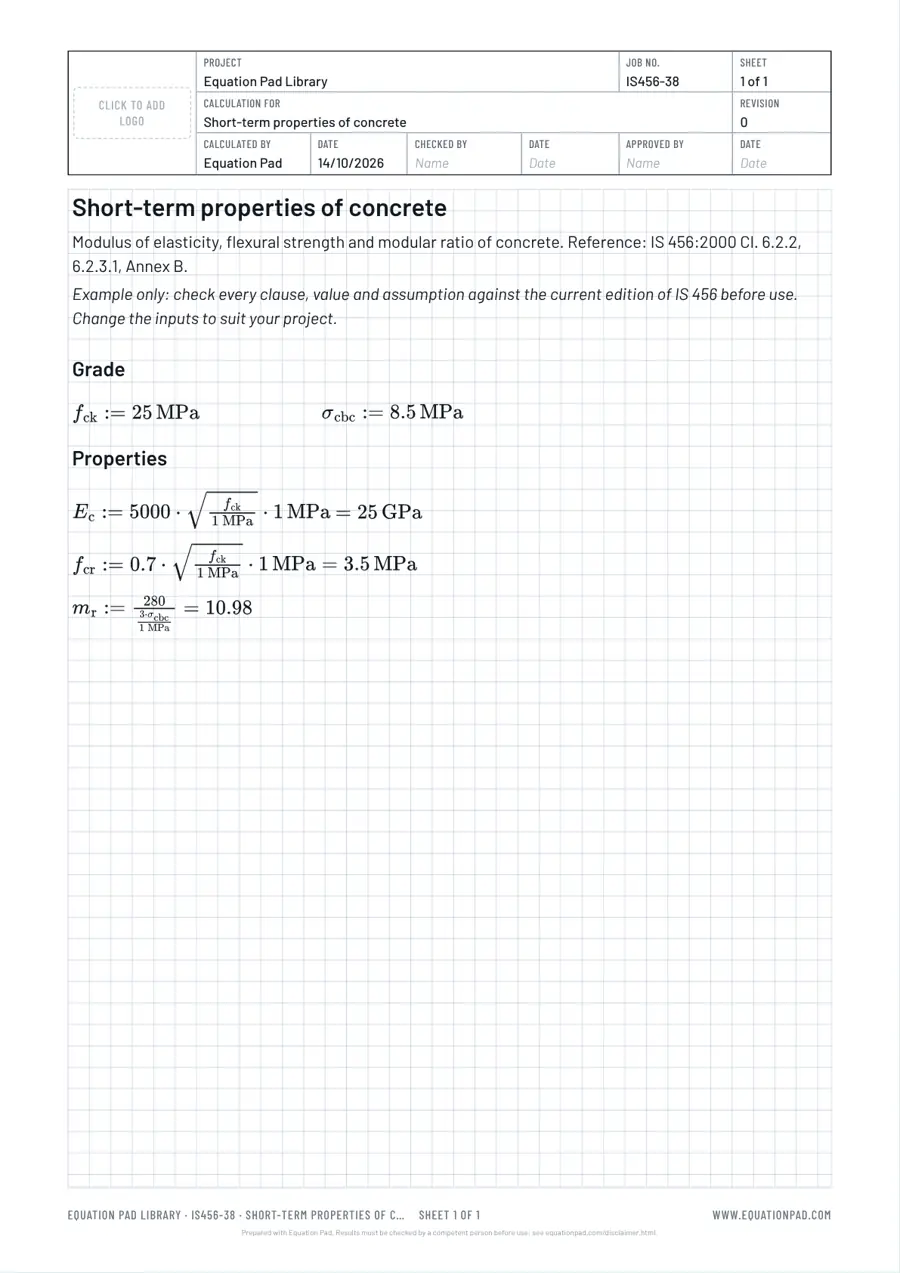Short-term properties of concrete: worked example sheet in Equation Pad with typeset equations and results.