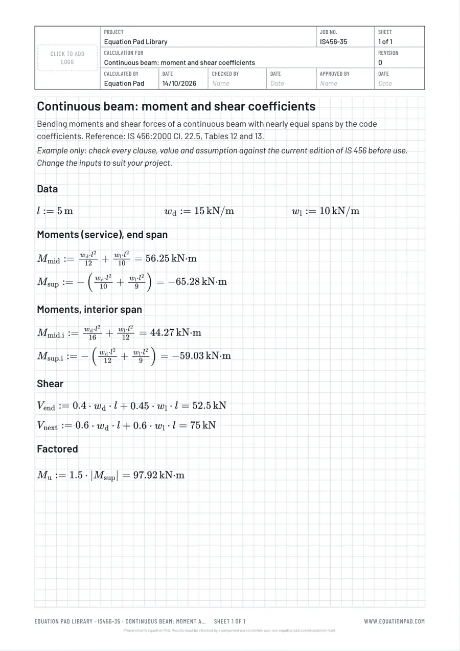 Continuous beam: moment and shear coefficients: worked example sheet in Equation Pad with typeset equations and results.