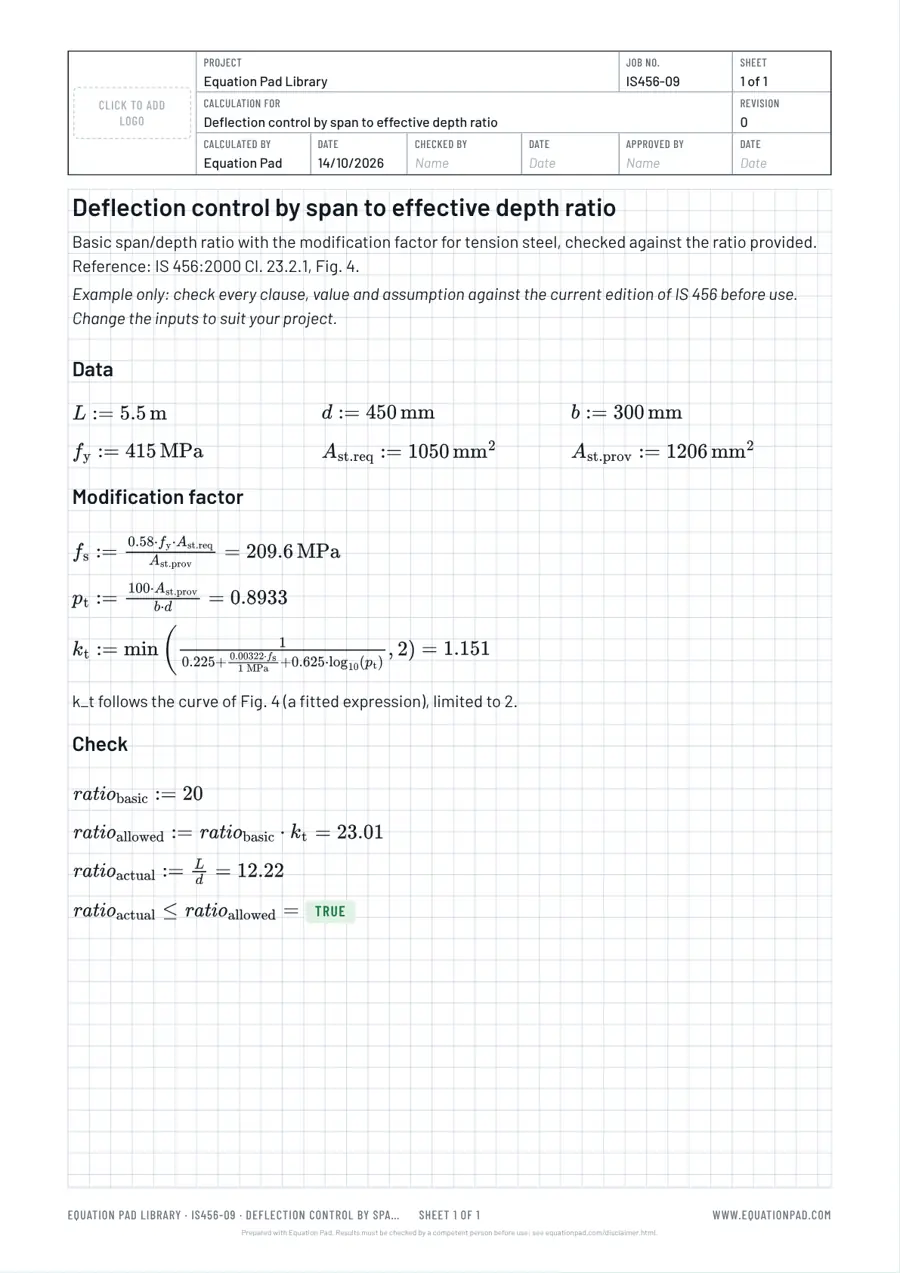 Deflection control by span to effective depth ratio: worked example sheet in Equation Pad with typeset equations and results.