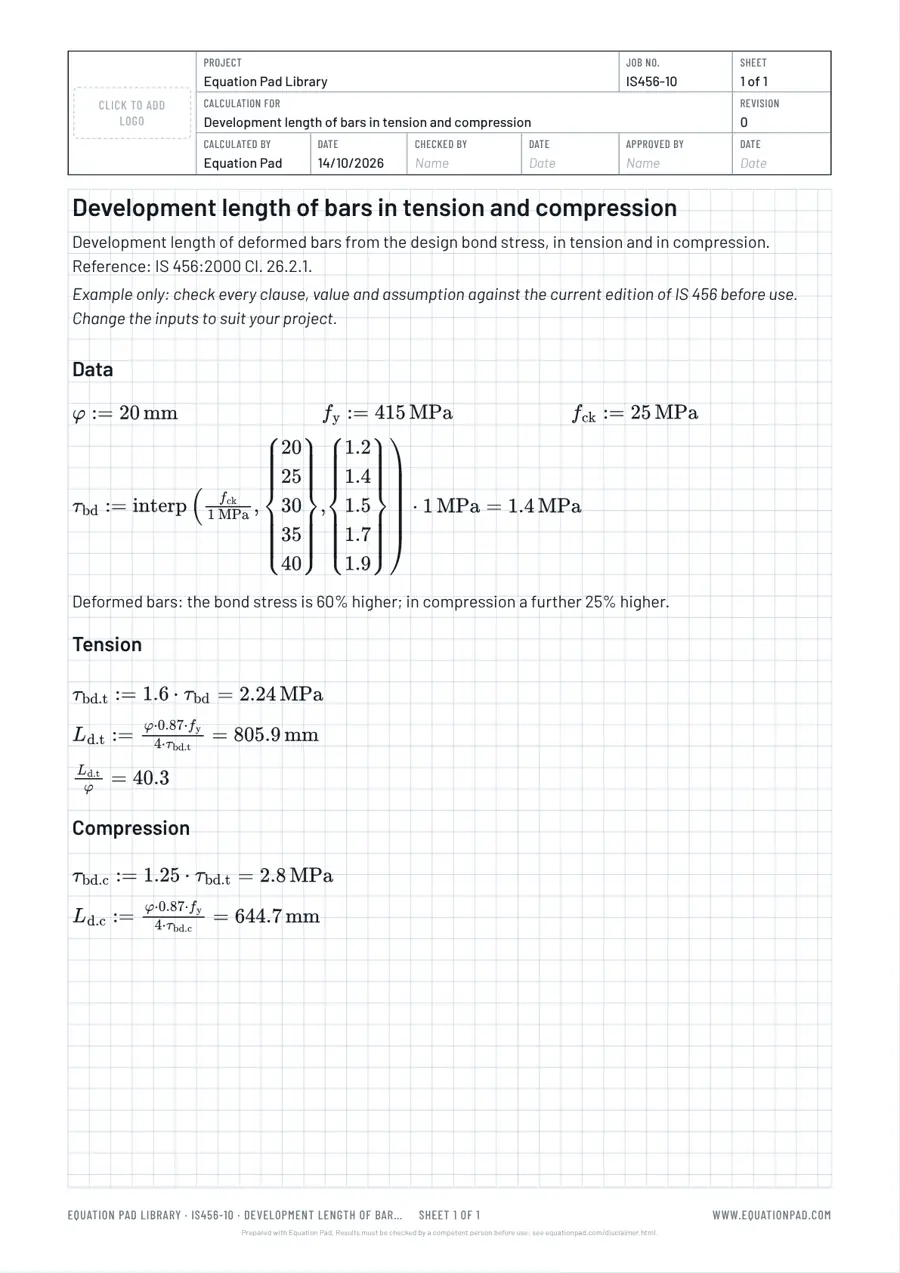 Development length of bars in tension and compression: worked example sheet in Equation Pad with typeset equations and results.