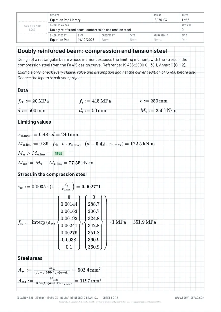 Doubly reinforced beam: compression and tension steel: worked example sheet in Equation Pad with typeset equations and results.