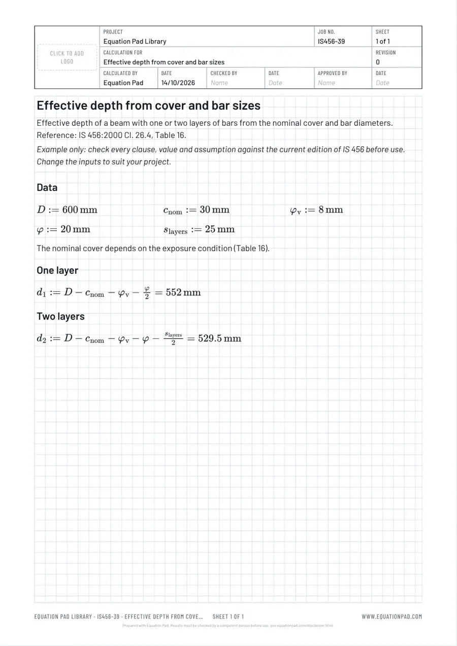 Effective depth from cover and bar sizes: worked example sheet in Equation Pad with typeset equations and results.