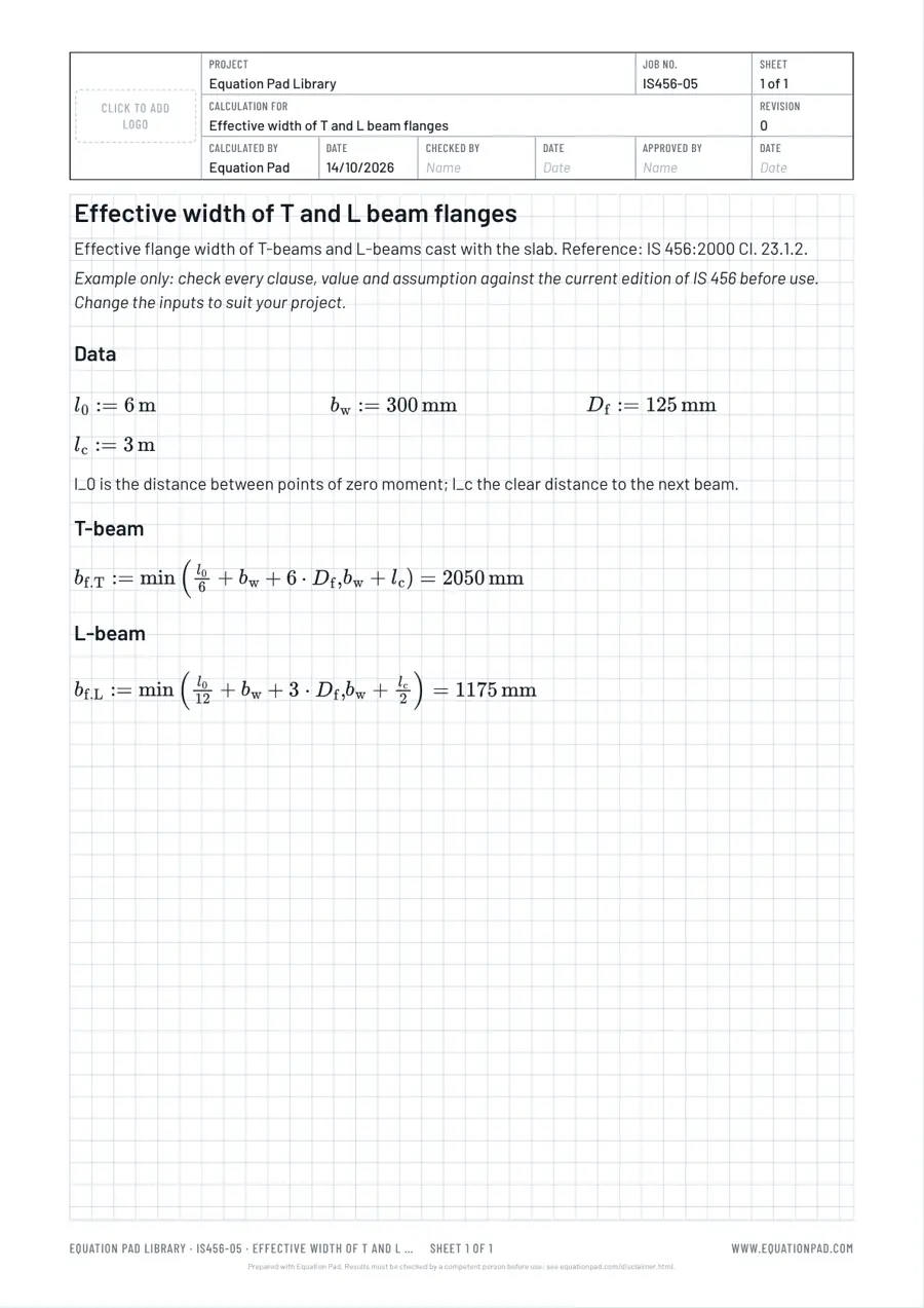 Effective width of T and L beam flanges: worked example sheet in Equation Pad with typeset equations and results.