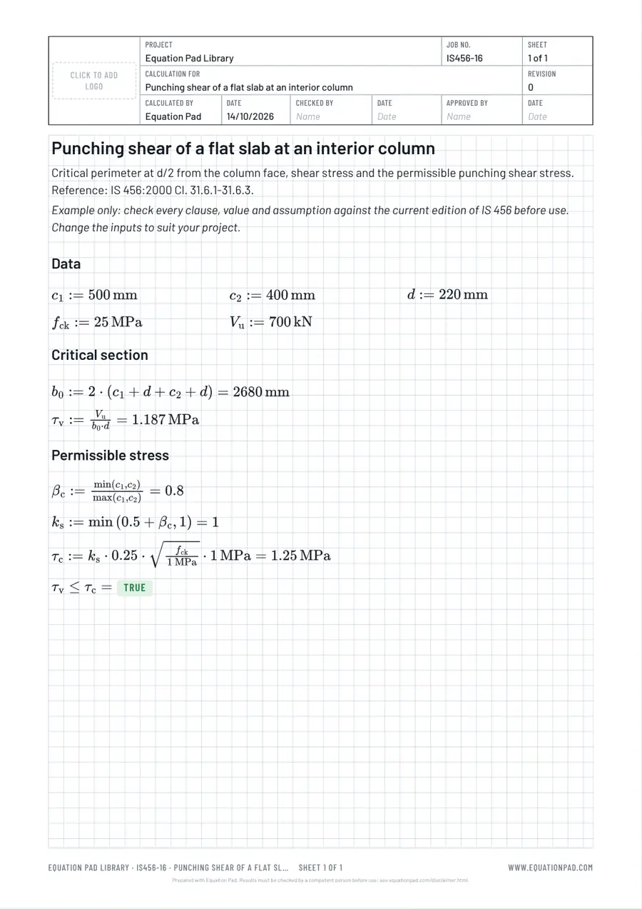 Punching shear of a flat slab at an interior column: worked example sheet in Equation Pad with typeset equations and results.