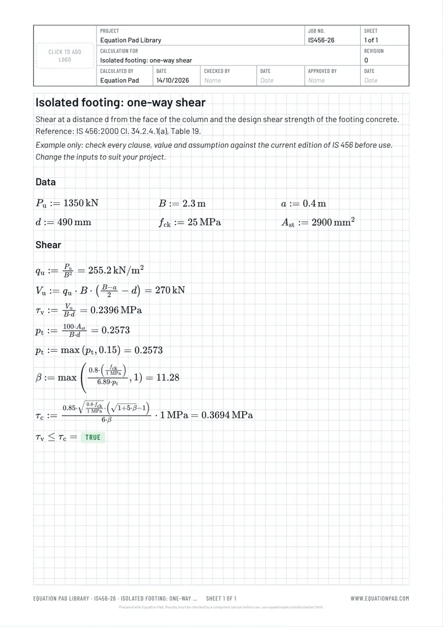 Isolated footing: one-way shear: worked example sheet in Equation Pad with typeset equations and results.