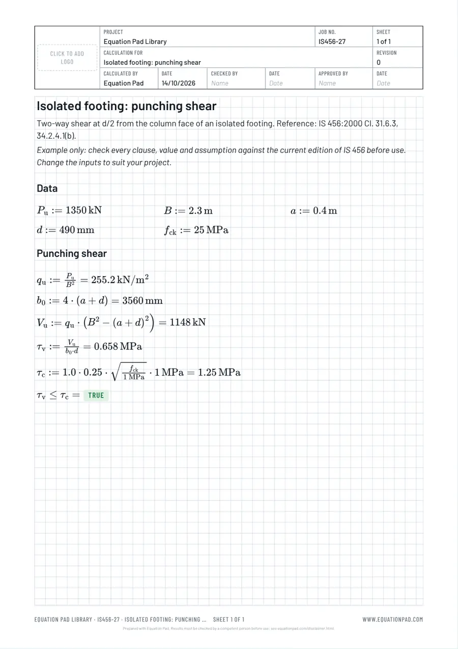 Isolated footing: punching shear: worked example sheet in Equation Pad with typeset equations and results.
