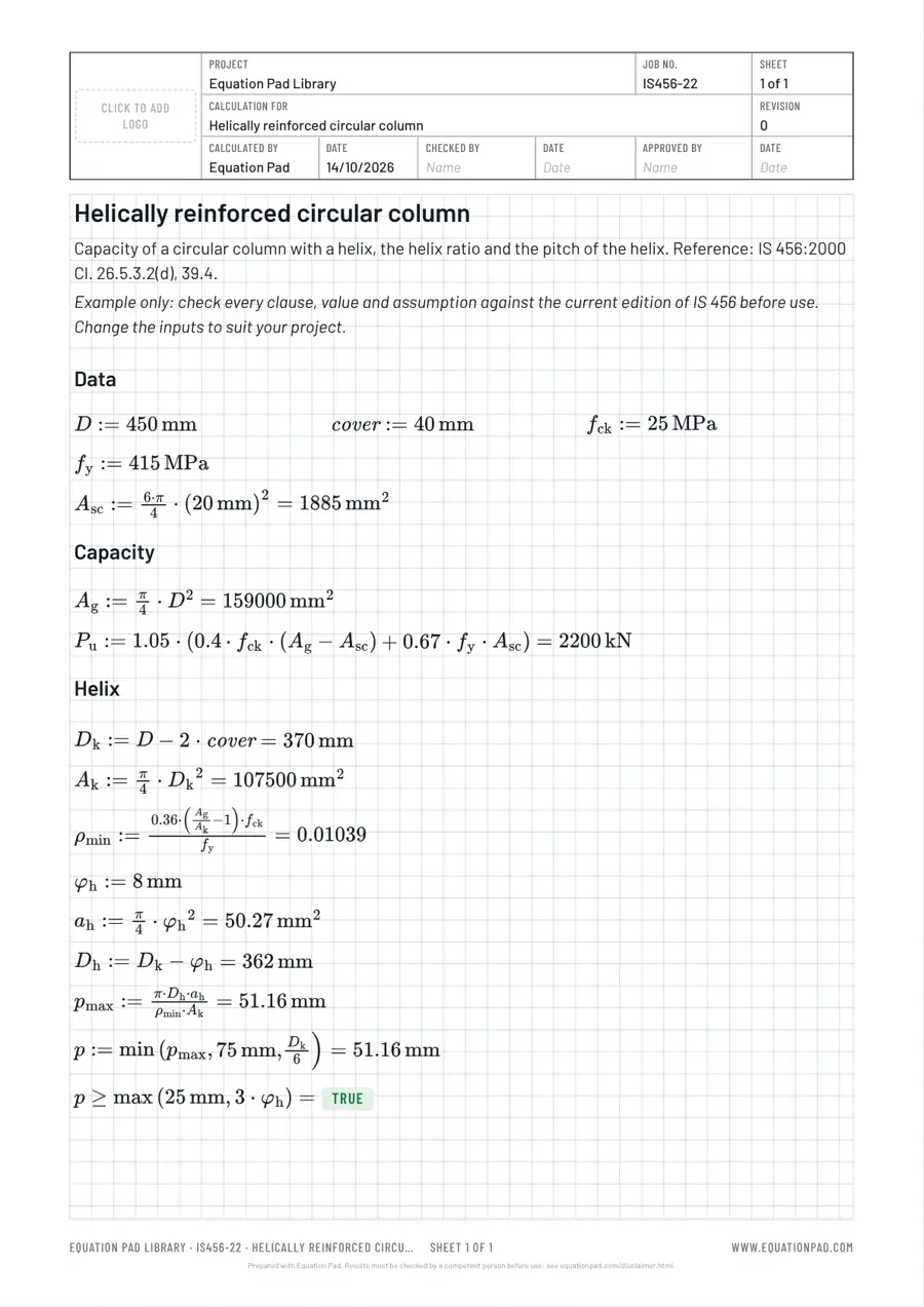 Helically reinforced circular column: worked example sheet in Equation Pad with typeset equations and results.