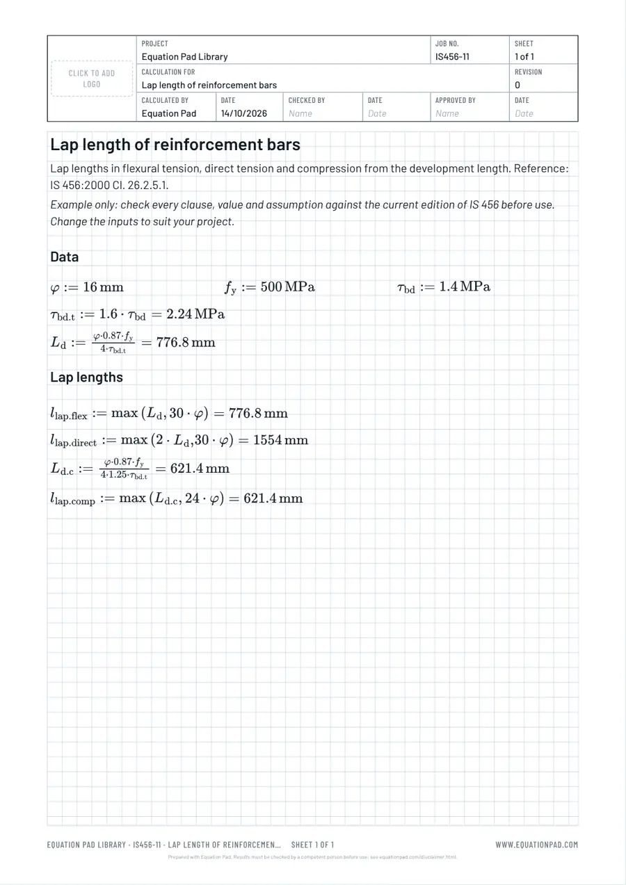 Lap length of reinforcement bars: worked example sheet in Equation Pad with typeset equations and results.