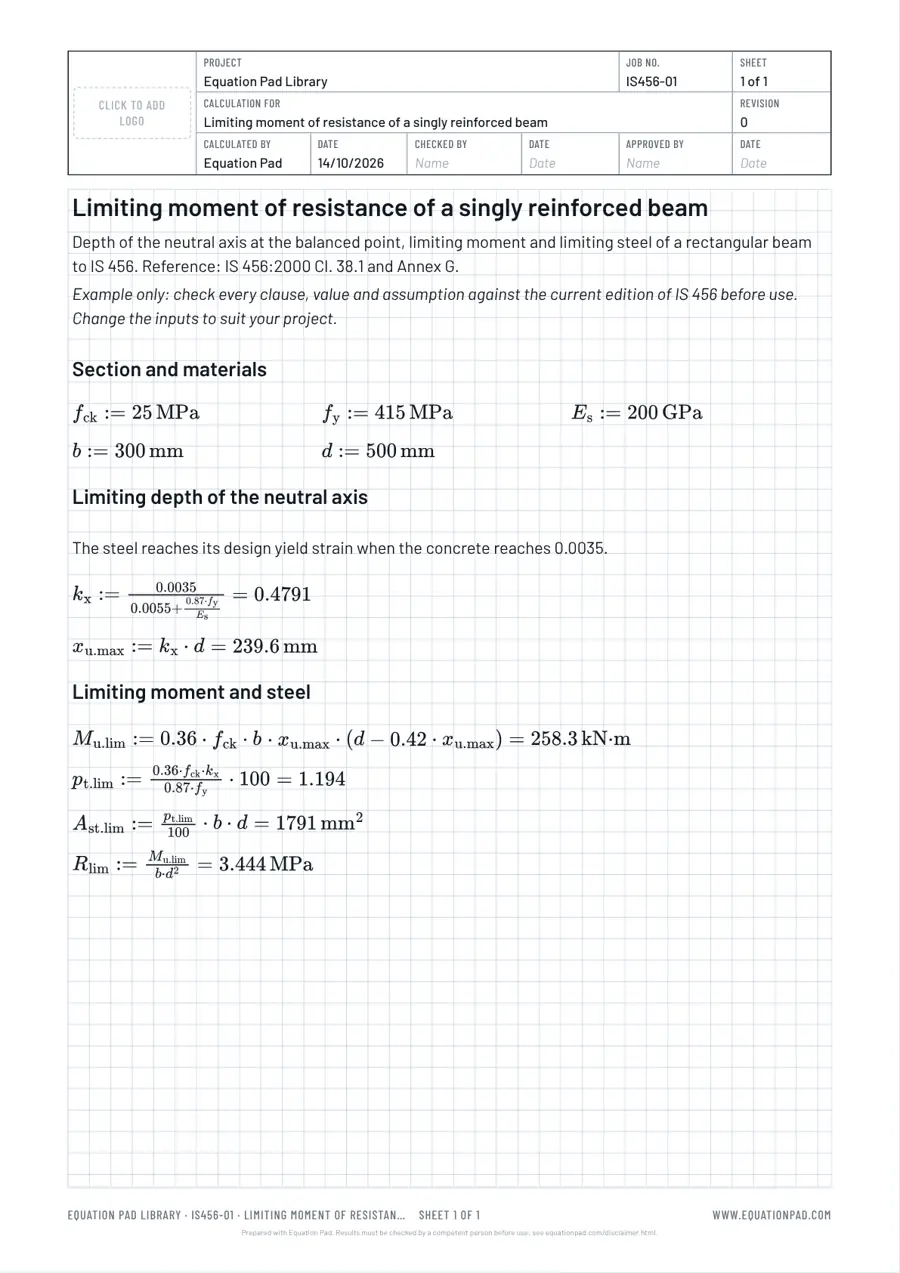 Limiting moment of resistance of a singly reinforced beam: worked example sheet in Equation Pad with typeset equations and results.