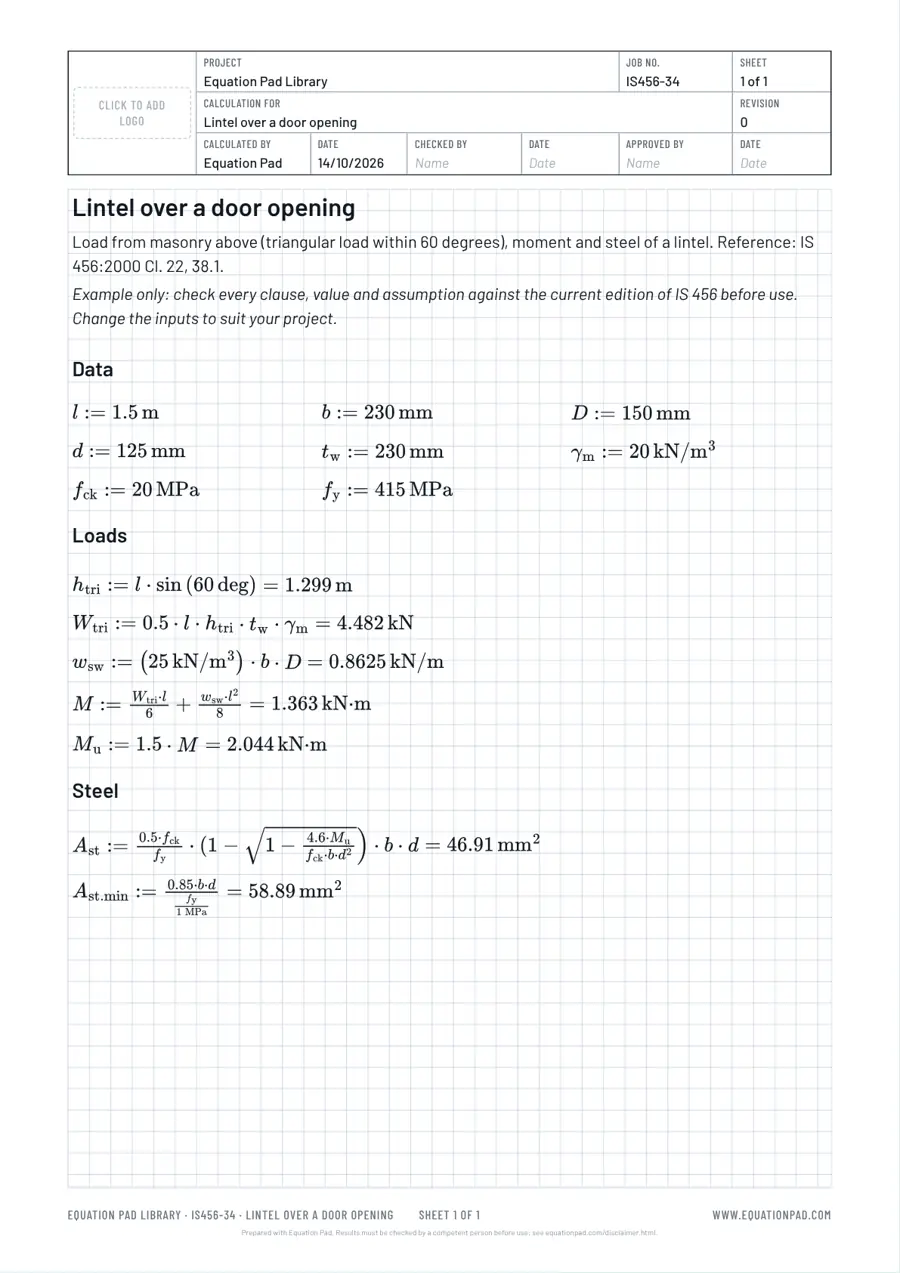 Lintel over a door opening: worked example sheet in Equation Pad with typeset equations and results.