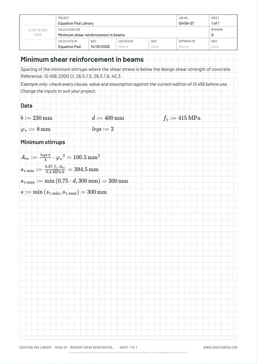 Minimum shear reinforcement in beams: worked example sheet in Equation Pad with typeset equations and results.