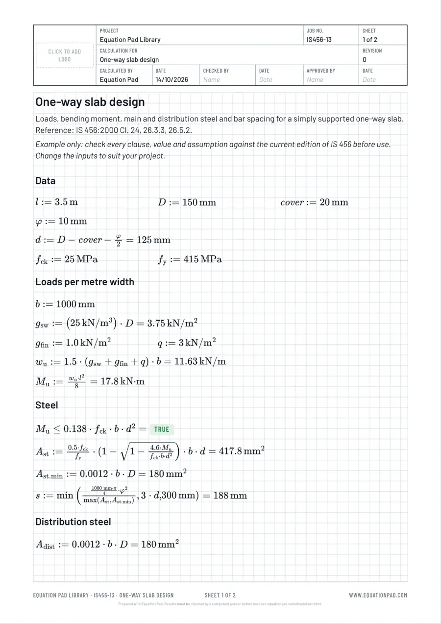 One-way slab design: worked example sheet in Equation Pad with typeset equations and results.