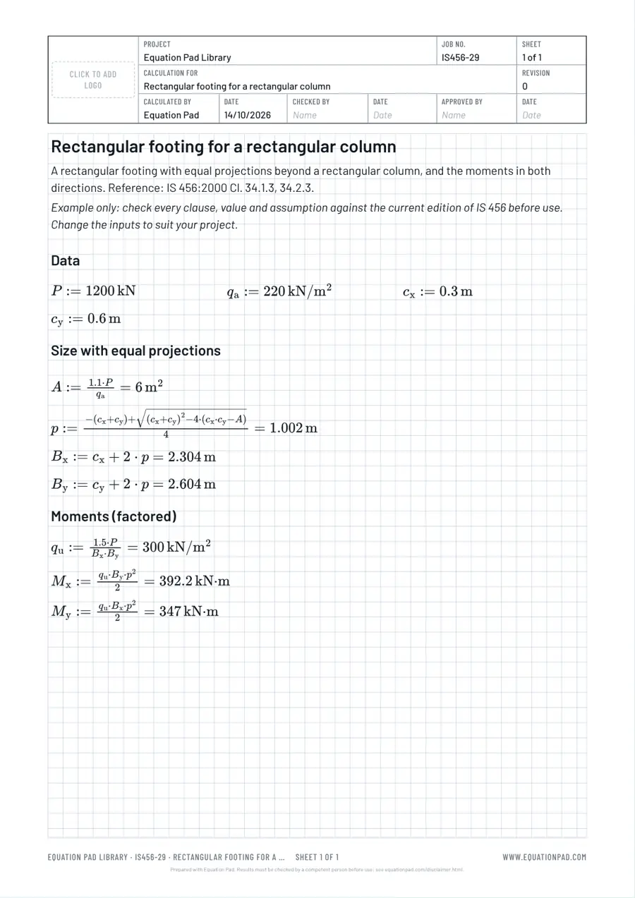 Rectangular footing for a rectangular column: worked example sheet in Equation Pad with typeset equations and results.