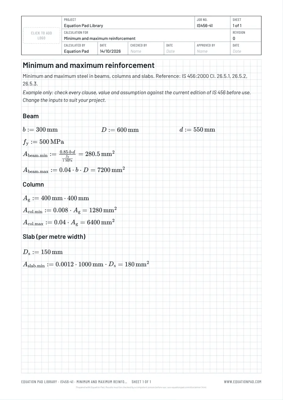 Minimum and maximum reinforcement: worked example sheet in Equation Pad with typeset equations and results.