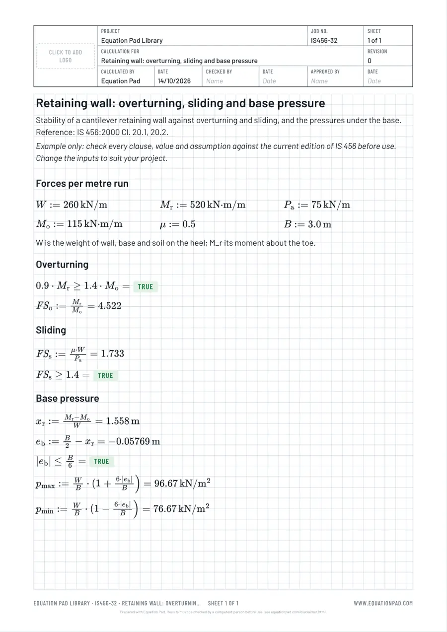 Retaining wall: overturning, sliding and base pressure: worked example sheet in Equation Pad with typeset equations and results.