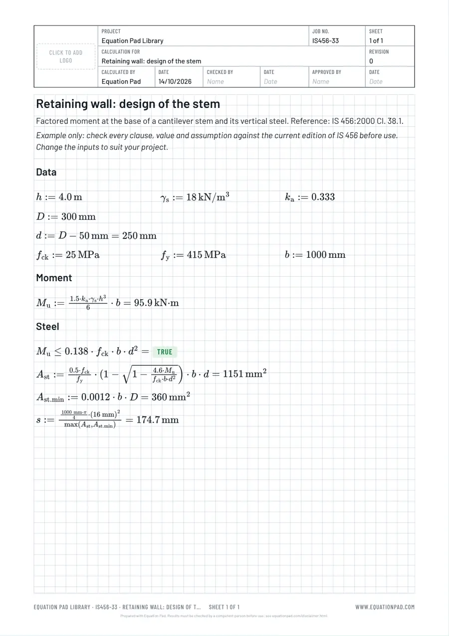 Retaining wall: design of the stem: worked example sheet in Equation Pad with typeset equations and results.