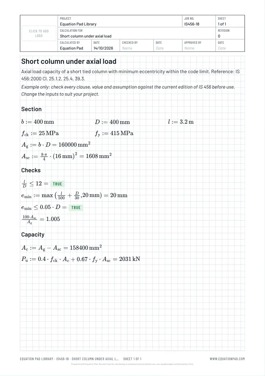 Short column under axial load: worked example sheet in Equation Pad with typeset equations and results.