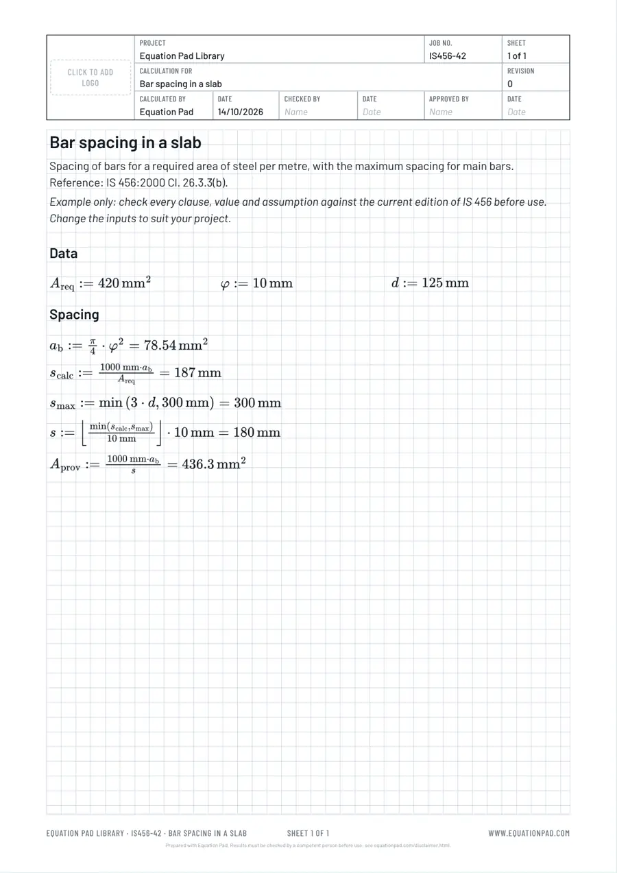 Bar spacing in a slab: worked example sheet in Equation Pad with typeset equations and results.