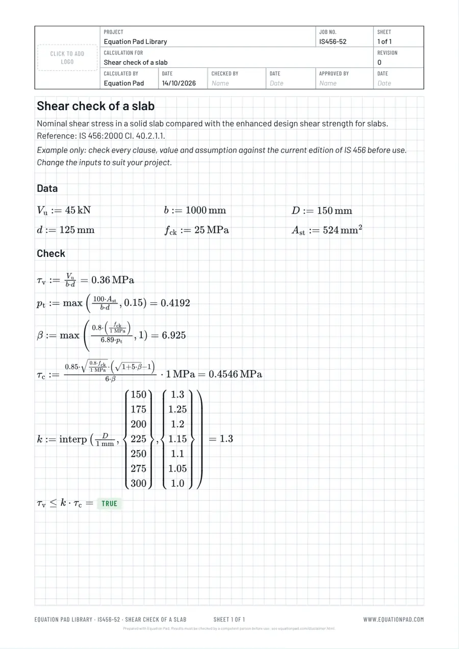 Shear check of a slab: worked example sheet in Equation Pad with typeset equations and results.