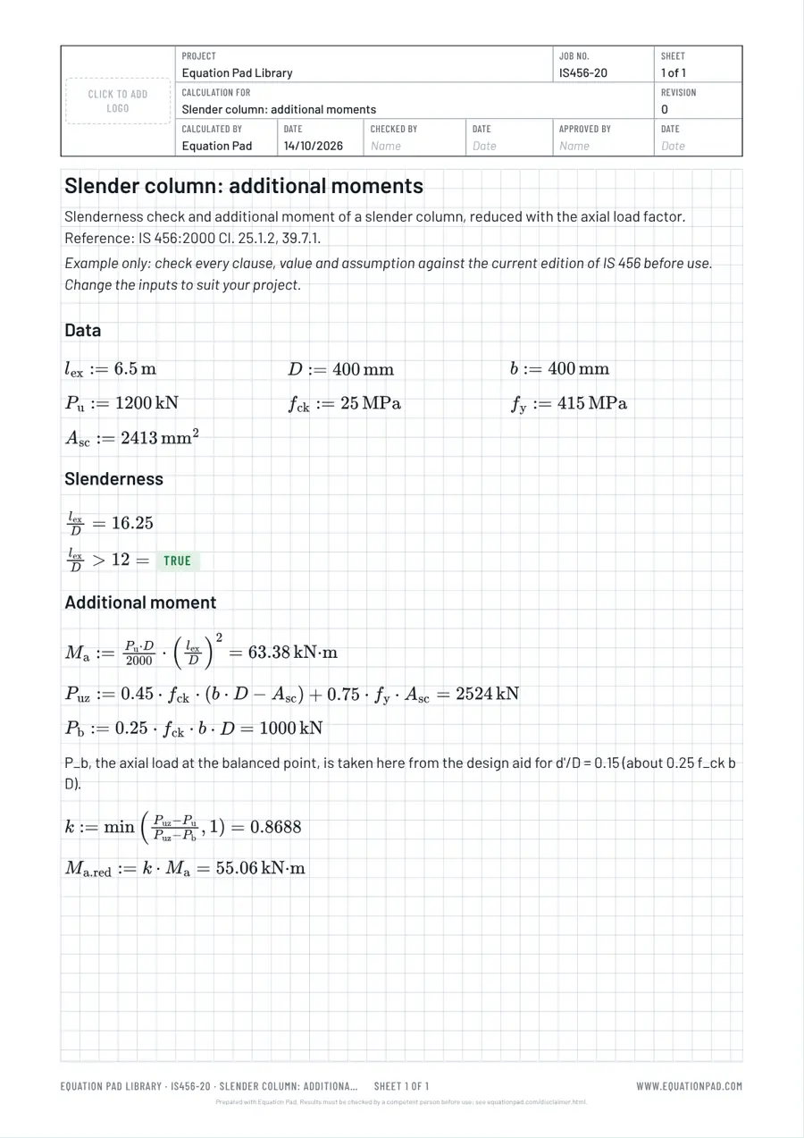 Slender column: additional moments: worked example sheet in Equation Pad with typeset equations and results.