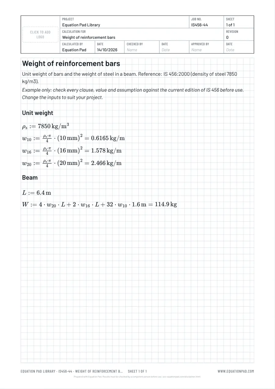 Weight of reinforcement bars: worked example sheet in Equation Pad with typeset equations and results.