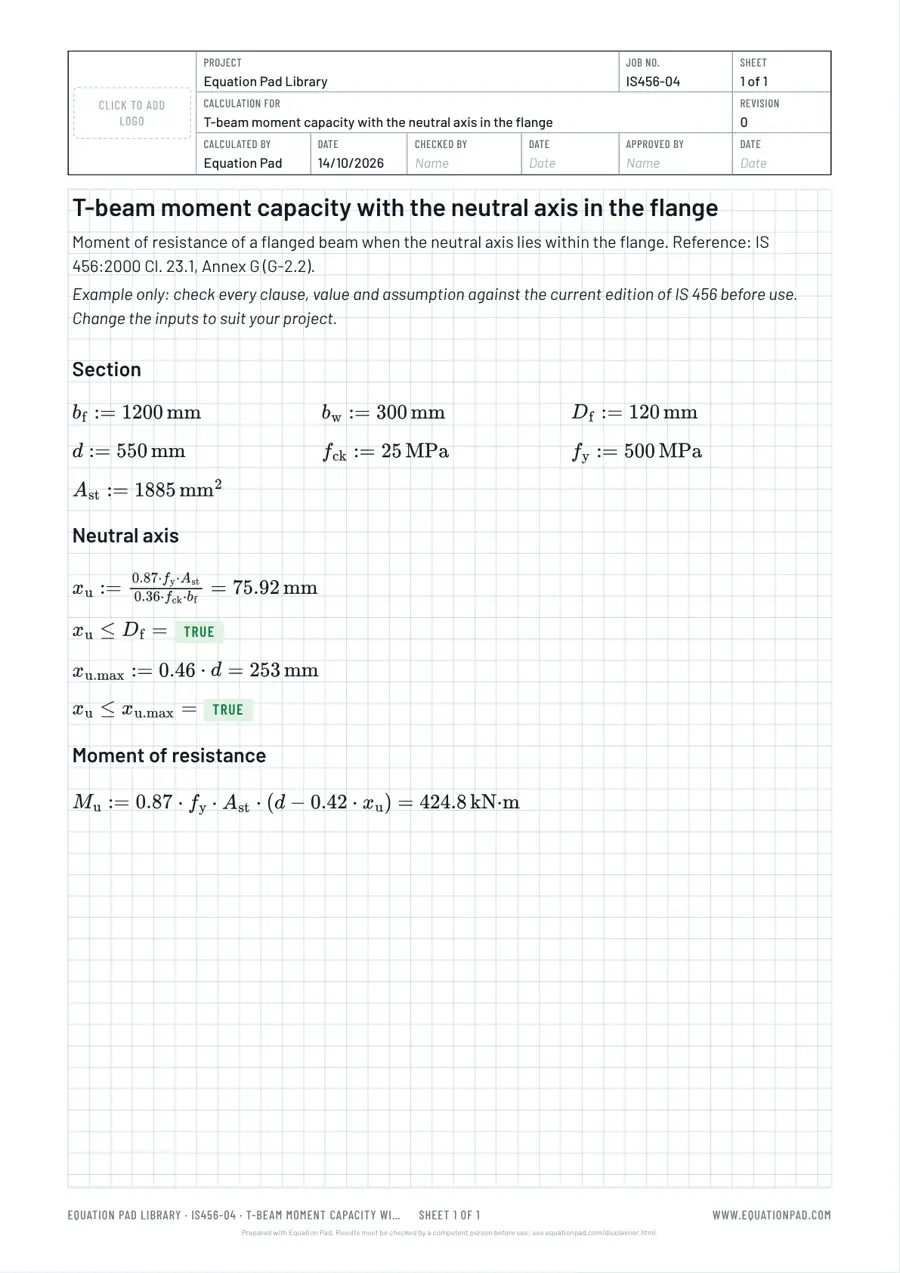 T-beam moment capacity with the neutral axis in the flange: worked example sheet in Equation Pad with typeset equations and results.