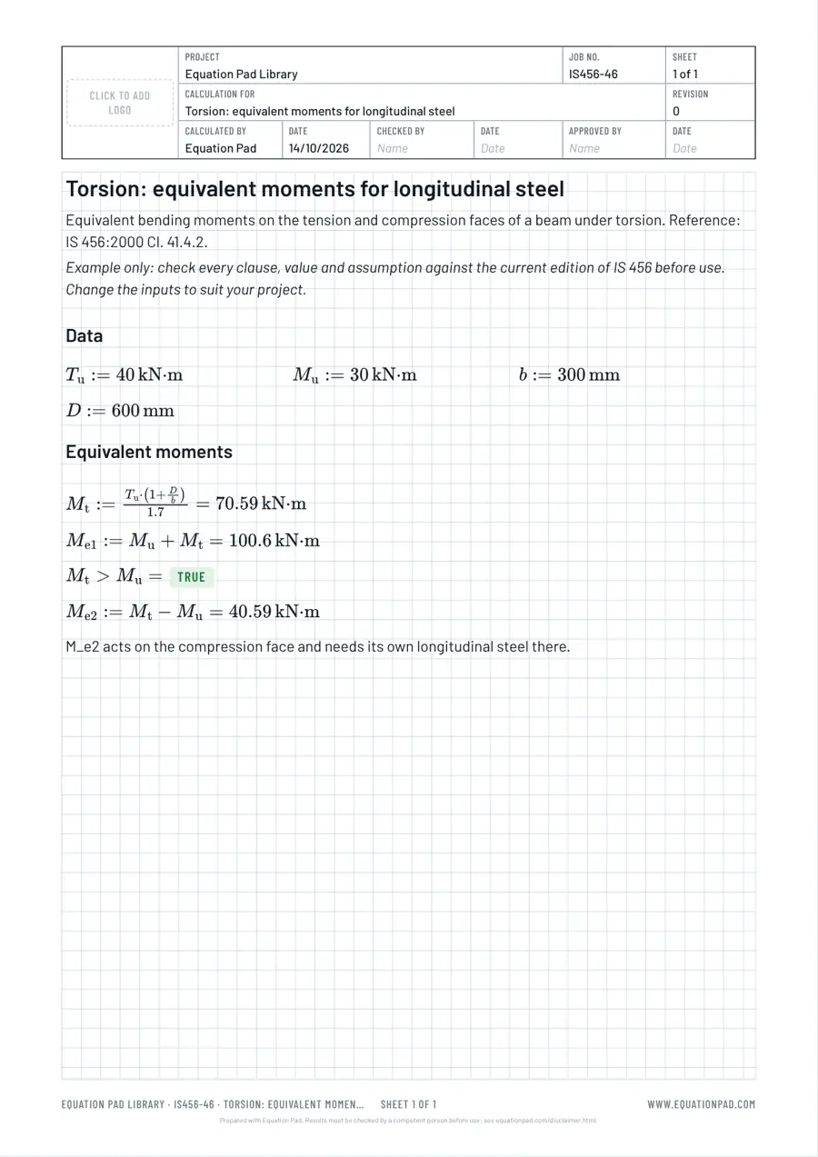 Torsion: equivalent moments for longitudinal steel: worked example sheet in Equation Pad with typeset equations and results.