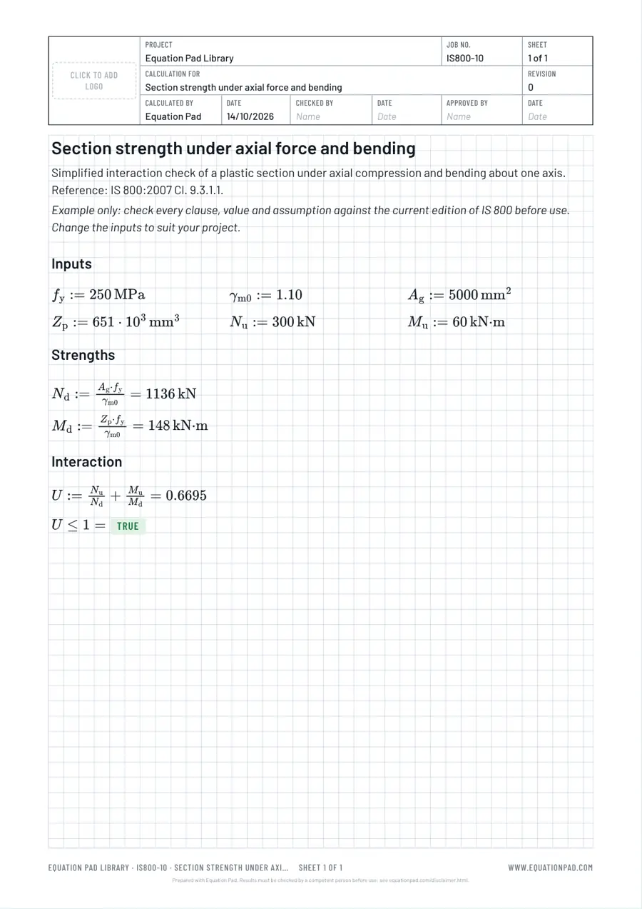 Section strength under axial force and bending: worked example sheet in Equation Pad with typeset equations and results.