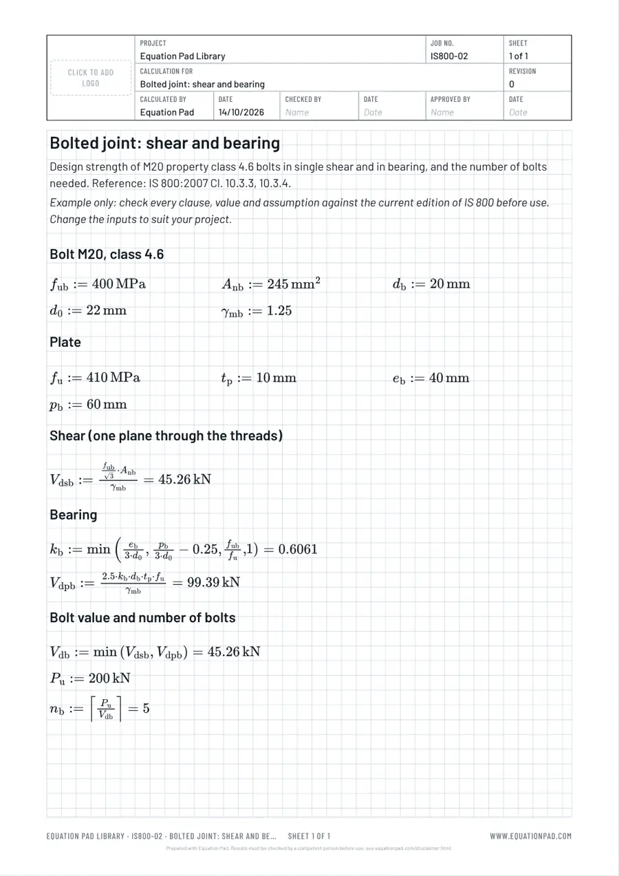 Bolted joint: shear and bearing: worked example sheet in Equation Pad with typeset equations and results.