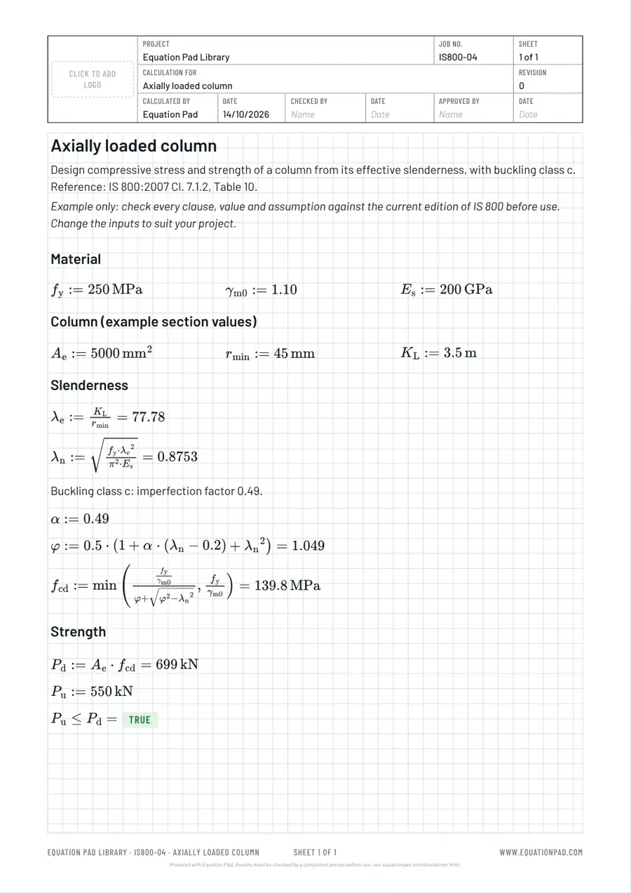 Axially loaded column: worked example sheet in Equation Pad with typeset equations and results.