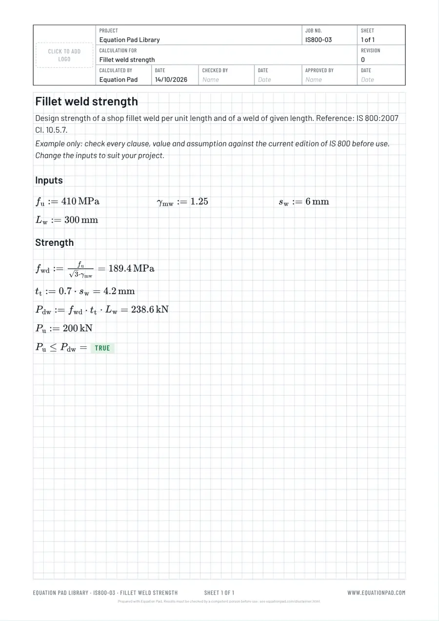 Fillet weld strength: worked example sheet in Equation Pad with typeset equations and results.